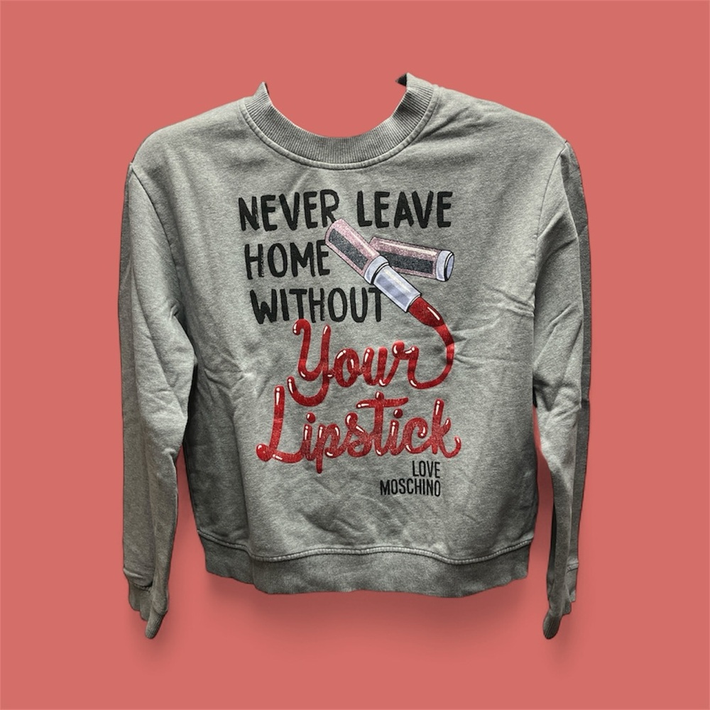 Love Moschino Gray Sweater with Red Lipstick Design